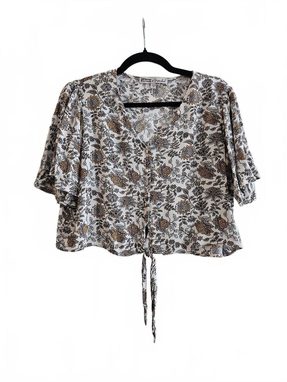 Gypsies & Moondust Floral Print Short-Sleeve Button-Front Camp Shirt w/Tie Front